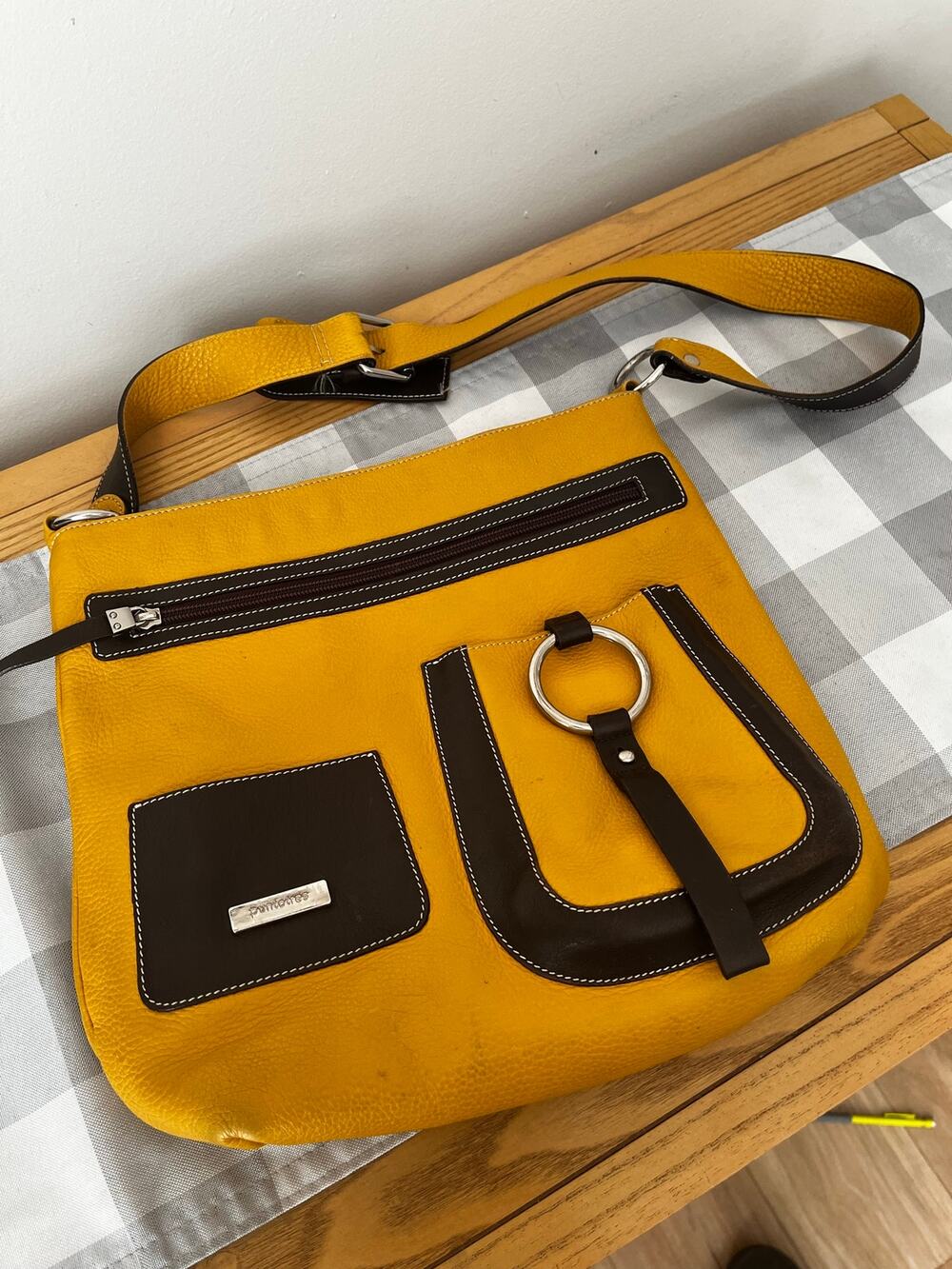 Puntotres Mustard Yellow Leather Messenger Crossbody Purse Made in Spain